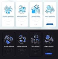 Pneumonia categorization onboarding mobile app page screen. Fungal type walkthrough 4 steps graphic instructions with concepts. UI, UX, GUI vector template with linear night and day mode illustrations