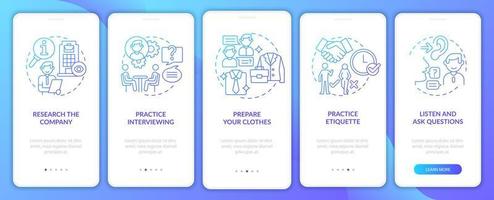 Preparing for job interview gradient blue onboarding mobile app page screen. Walkthrough 5 steps graphic instructions with concepts. UI, UX, GUI vector template with linear color illustrations