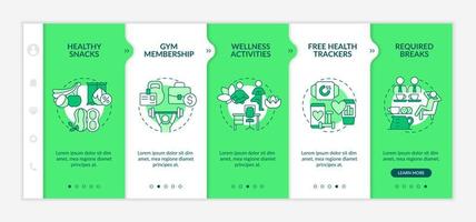 Employee health care perks onboarding template. Free health trackers. Responsive mobile website with linear concept icons. Web page walkthrough 5 step screens. Lato-Bold, Regular fonts used vector