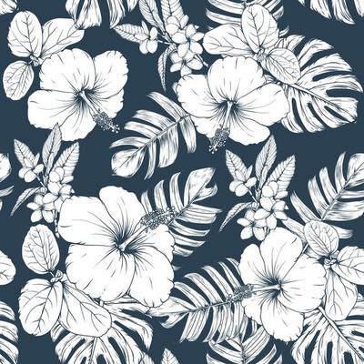 Seamless floral pattern Hibiscus and frangipani flowers abstract background.Vector illustration hand drawning.For fabric print design texture