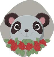 linda caricatura de cabeza de panda con flores vector