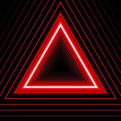 Triangle shape red lines glow neon, on a black background. Linear template for business card, cover layout, brochure, flyer, corporate page, poster, banner, web design. Vector illustration.