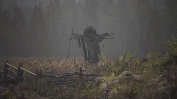 terrible scarecrow in dark cloak and dirty hat stands alone in autumn field photo