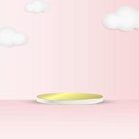 podio 3d sobre fondo rosa y nubes. textura de podio dorado en forma de círculo geométrico. para escaparates de productos y maquetas publicitarias. plantillas modernas vector