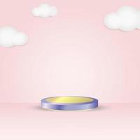 3d minimal podium on pink background and clouds. geometric circle shape purple gold podium texture. for product showcases and advertising mockups. modern templates vector