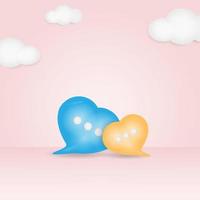 Burbuja de chat de amor naranja azul mínimo 3d sobre fondo rosa nublado. concepto de mensaje de redes sociales. ilustración de renderizado 3d vector