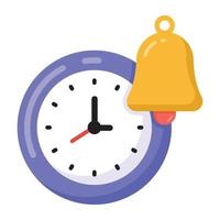 campana con reloj, diseño plano del icono de alarma de tiempo vector