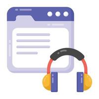 página web con auriculares, icono de lección de audio vector