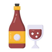 una botella de vino con un vaso, icono plano vector