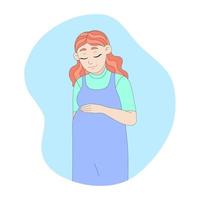 mujer embarazada pelirroja en feliz anticipación. ilustración vectorial de una joven madre sonriente. imagen de estilo de dibujos animados sobre fondo azul vector