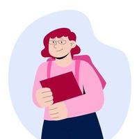 Female student with backpack holding notebook. Portrait of pupil with schoolbag and workbook. Flat vector cartoon illustration on blue background