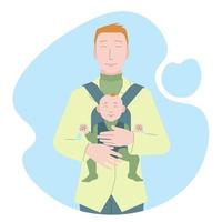 Red-haired man carrying baby. Smiling dad holding kid. Single father with baby carrier. Happy family. Vector illustration for Father's Day