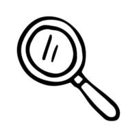 Doodle icon of loupe or mirror. Magnifier in hand drawn style. Vector illustration isolated on white background. Research of business processes, analyzing, searching information, discovery.