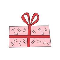 Pink gift box in doodle style. Symbol of surprise or present for celebration. Vector illustration isolated on white background