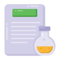 Chemical flask with paper, lab practical icon in trendy vector style