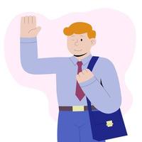 Flat illustration of businessman or student in suit with briefcase. Vector cartoon character. A smiling man waves his hand in greeting