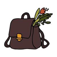 Briefcase with herbs in doodle style. Color vector illustration of school bag with flowers. Hand drawn cartoon suitcase icon. Cute witch's bag.