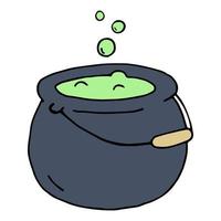 Colorful witch pot with bubbling potion. Vector illustration for halloween in doodle style. Hand drawn magic cauldron isolated on white background