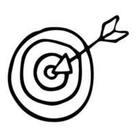 Target and arrow vector doodle icon. Symbol of success or ad settings. Black illustration isolated on white background.