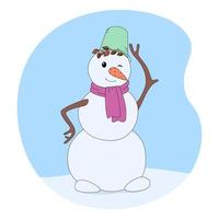 lindo muñeco de nieve sonriente en estilo de dibujos animados. ilustración vectorial para navidad o año nuevo. pegatina de invierno vector