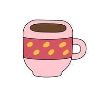 Pink cup with tea or coffee. Vector icon in doodle style. Mug of hot drink. Sign for coffee shop and web-design. Illustration isolated on white background