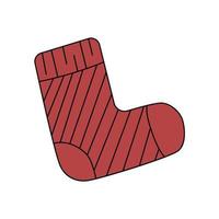 Red sock line illustration. Vector drawing in doodle style. Cartoon icon for web design isolated on white background