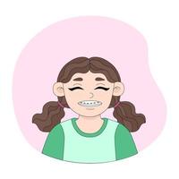 Cheerful brown-haired girl with braces. Vector illustration of a smiling kid. Cartoon-style picture on pink background