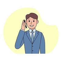 Smiling young man is talking on the phone. Vector illustration in cartoon style on beige background