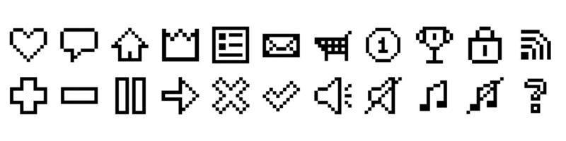 Pixel vector illustration. 8-bit black and white game icons. Signs for mobile app