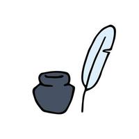 Icon of pen and inkwell in doodle style. Vector illustration of inkstand and feather isolated on white background