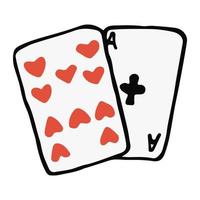 Vector hand drawn playing cards. Fortune telling symbol in doodle style. The ten of spades and the ace of clubs. Vector illustration of gambling game