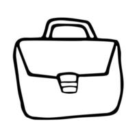 Briefcase in doodle style. Black and white vector illustration of school bag. Hand drawn suitcase icon.