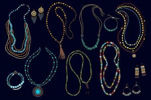 colección de joyas en un collar de fondo negro, abalorios, pendientes, pulsera. dibujado a mano vector