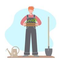 Man is holding a wooden box with seedlings. vector