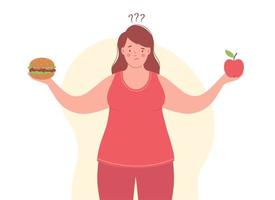 mujer con sobrepeso elige entre alimentos saludables y no saludables. la mujer sostiene una manzana en una mano y una hamburguesa en otra. vector