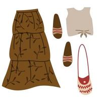 un conjunto de atuendos boho y varios elementos boho. ropa de moda, bolso, falda, zapatos, top. vector