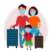una familia asiática de turistas, un hombre, una mujer y un niño, con máscaras y maletas. prevención del coronavirus, covid-19. viajes y turismo durante la pandemia. vector