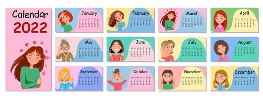 plantilla de diseño de calendario de pared horizontal para 2022. un conjunto de pegatinas de emoticonos en un estilo de dibujos animados. vector