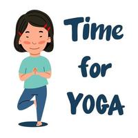 An Asian girl stands with her leg bent. The child is engaged in sports. Time for yoga. vector