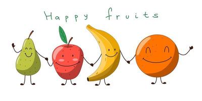 Cute greeting card with a funny cartoon character fruit. Apple, pear, banana and orange hold hands and smile. vector