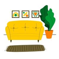 The interior of a cozy living room. A comfortable sofa, paintings, carpet and a houseplant. vector