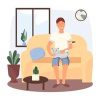 Man stroking cat at home vector