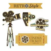 Vintage movie cameras, cinema tickets, film. Set of vector vintage design elements. Isolated on white background.