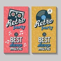 conjunto vectorial de volantes, carteles. fiesta retra la mejor musica bailable. emblema vintage con un casete de cinta y un disco de vinilo. vector