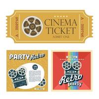 Set of retro posters with the image reel to reel tape with space for text. Design vintage cinema tickets. Vector illustration.