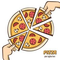 Vector illustration of pizza. Italian pizza logo. In cartoon style.