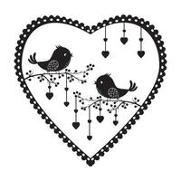 Lovebirds with a heart-shaped frame in black on a white background, black silhouette vector