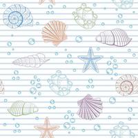 A pattern of seashells of different colors on a white striped background, vector illustration