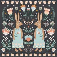 Happy Easter card in folk art style. Rabbit or bunny in a dress, and floral motifs. Spring illustration. vector