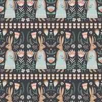 Seamless pattern, rabbit or bunny in a dress, and floral motifs, in folk art style. vector
